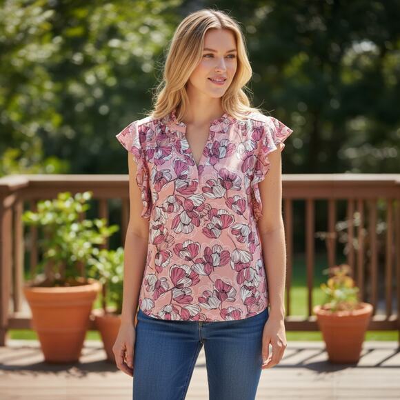 Liz Claiborne Pink Floral Flutter Sleeve Blouse Size Small 4-10 - Picture 1 of 4